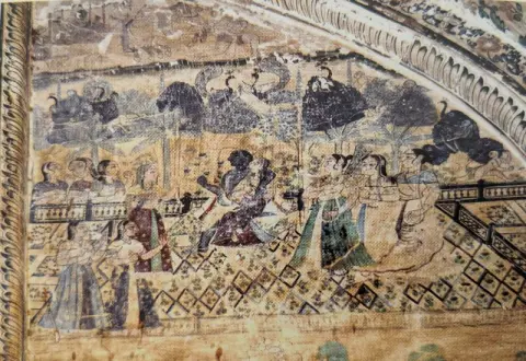 झूला झूलते राधा-कृष्ण : पारीच्छत की समाधि : दतिया : उन्नीसवीं सदी
