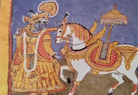 अश्वमेघ का अश्व व कृष्ण : राजा भवानीसिंह कक्ष : दतिया : उन्नीसवीं सदी