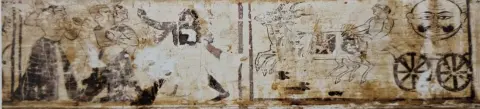 न्र्त्यरत कृष्ण व गोपियों तथा रथ पर सवार सूर्य : परिच्छत की समाधि : दतिया : उन्नीसवीं सदी