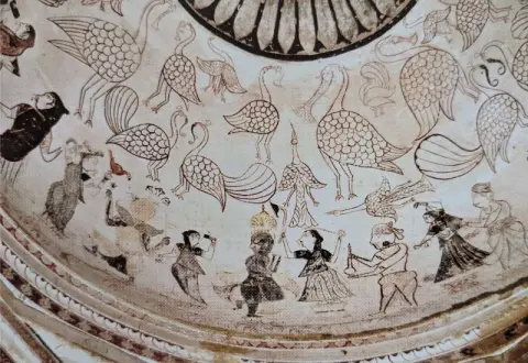 वेणुवादन करते कृष्ण, नृत्यरत महिला व पुरुष : पारीच्छत की समाधि : दतिया : उन्नीसवीं सदी