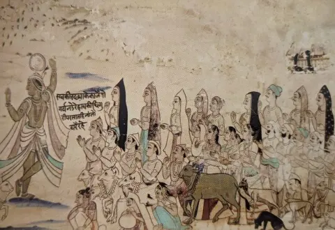 गोवर्धन धारण : निकट दृश्य : पारीच्छत की समाधि : दतिया : उन्नीसवीं सदी