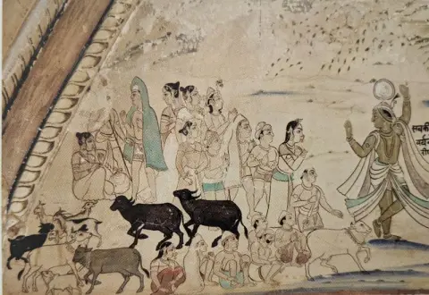 गोवर्धन धारण : निकट दृश्य : पारीच्छत की समाधि : दतिया : उन्नीसवीं सदी