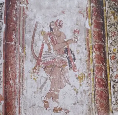 हाथों में फूल लिए हनुमान : श्री लक्ष्मण जू मंदिर : लिधौरा जिला निवाड़ी : अठारहवीं सदी
