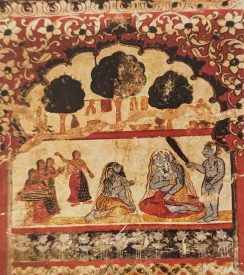 हाथी पर सवार राजपुरुष तथा संभवत: भैंसे पर सवार यमराज : राजा महल : ओरछा : सत्रहवीं सदी