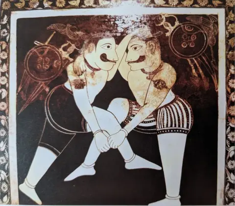कुश्ती लड़ते पहलवान : लक्ष्मी मंदिर :ओरछा : सत्रहवीं सदी