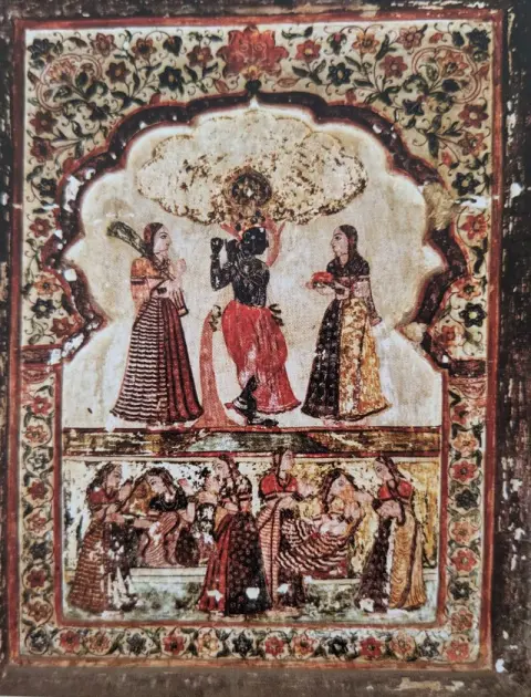 निकट दृश्य : कृष्ण का वेणुवादन : राजा महल : ओरछा : सत्रहवीं सदी