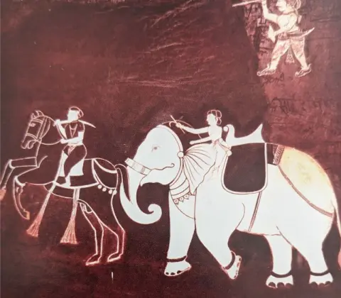 हाथी पर सवार महावत तथा अश्व सवार : लक्ष्मी मंदिर :ओरछा : सत्रहवीं सदी