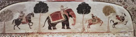 हाथी व घुड़सवार : राजा महल : ओरछा : सत्रहवीं सदी