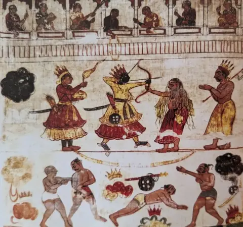 परशूरम प्रसंग तथा आखाड़े में मल्ल : राजा महल : ओरछा : सत्रहवीं सदी
