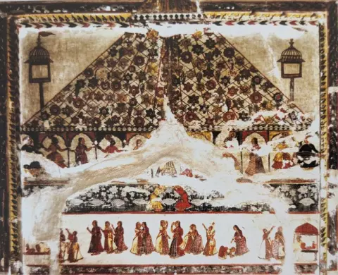 रासलीला व विभिन्न गतिविधियों में संलग्न स्त्रियां : राजा महल : ओरछा : सत्रहवीं सदी