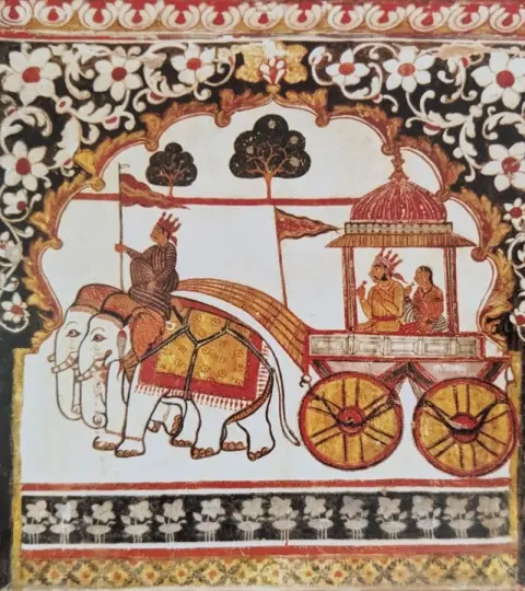 रथ पर सवार राजा व रानी : राजा महल : ओरछा : सत्रहवीं सदी