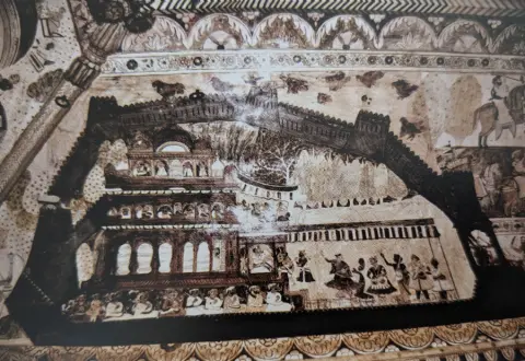 सतखंड महल में नृत्यांगना संभवत : प्रवीण राय : लक्ष्मी मंदिर :ओरछा : सत्रहवीं सदी